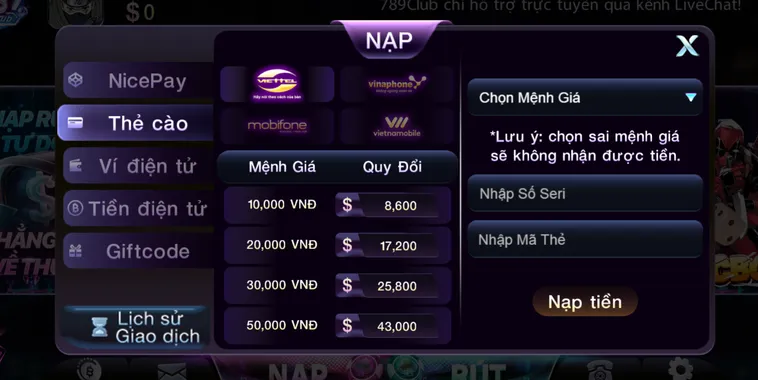 Nạp tiền qua thẻ cào tại 789Club.